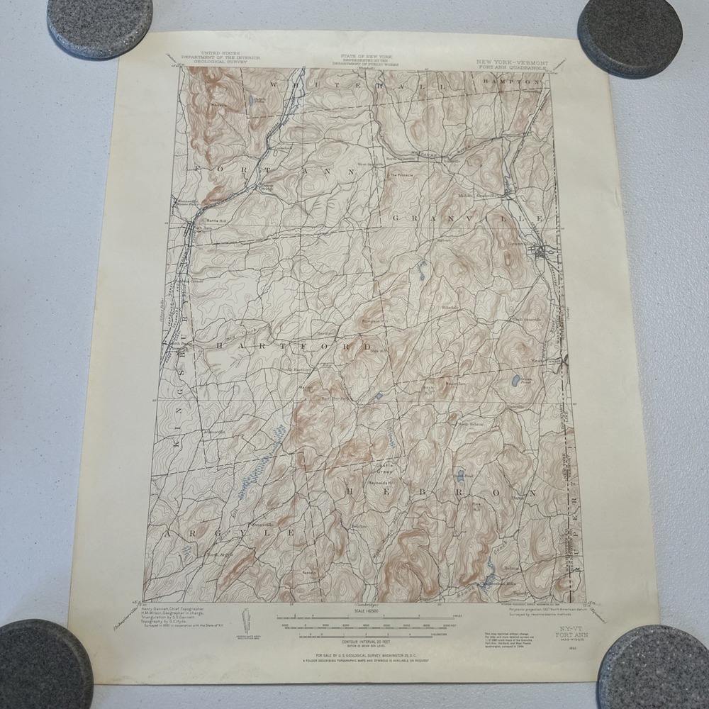 1893 DEPT OF PUBLIC WORKS Fort Ann Quadrangle NY VT USGS Geo 1:625 MAP VTG